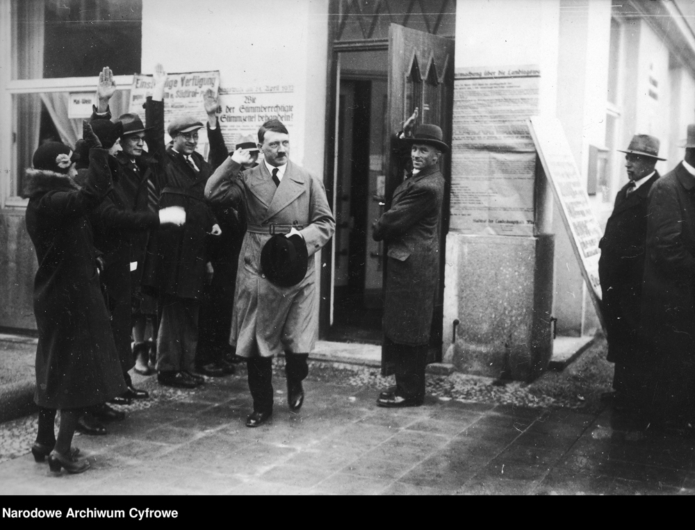 Adolf Hitler leaving a polling station in Türkenstrasse in Munich for the election of the state government in Bavaria